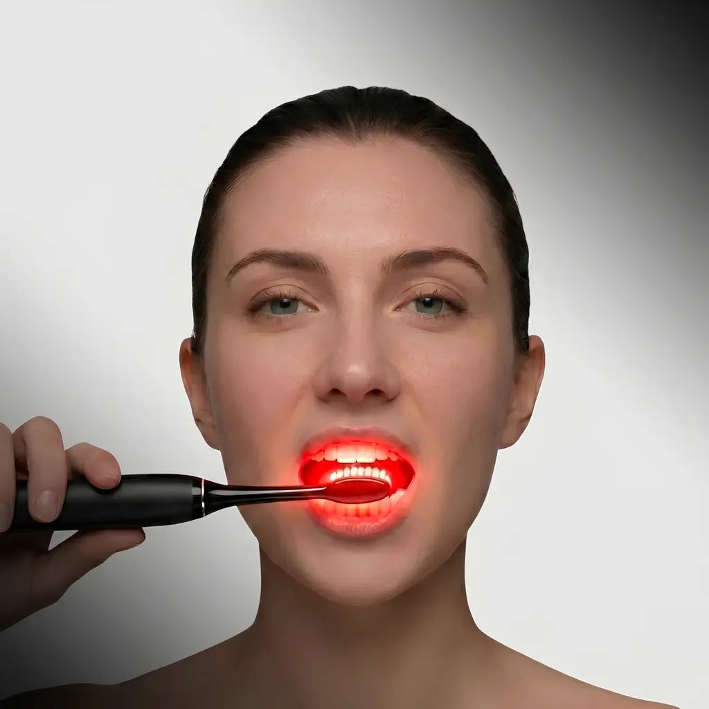 Woman using a black toothbrush with red light