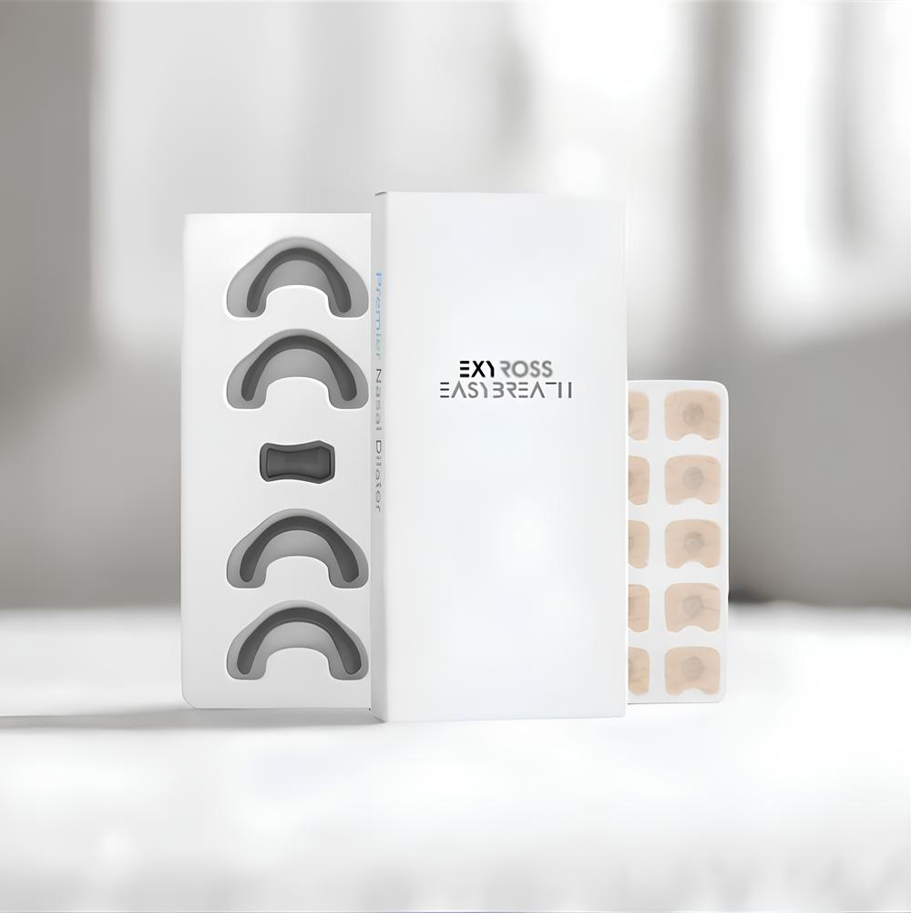 EXYROSS Easybreath product packaging with gray and beige nose clips on a light background